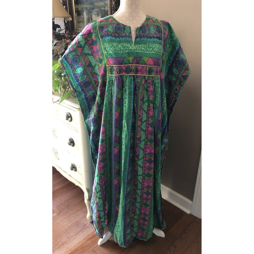 Vtg Kaftan 100% Cotton Long Kaftan Dress Caftan Vibrant Colors Kimono One Size